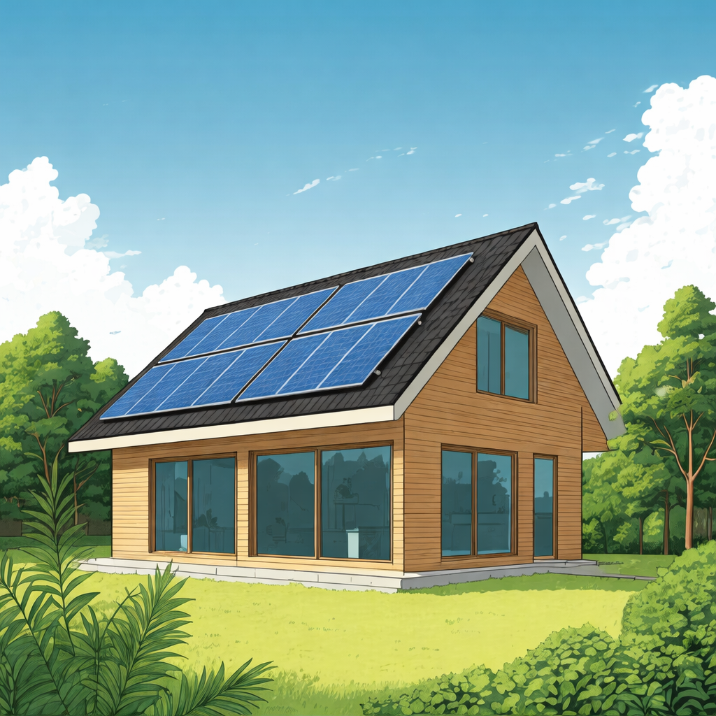 Illustration of a modern house with solar panels on roof