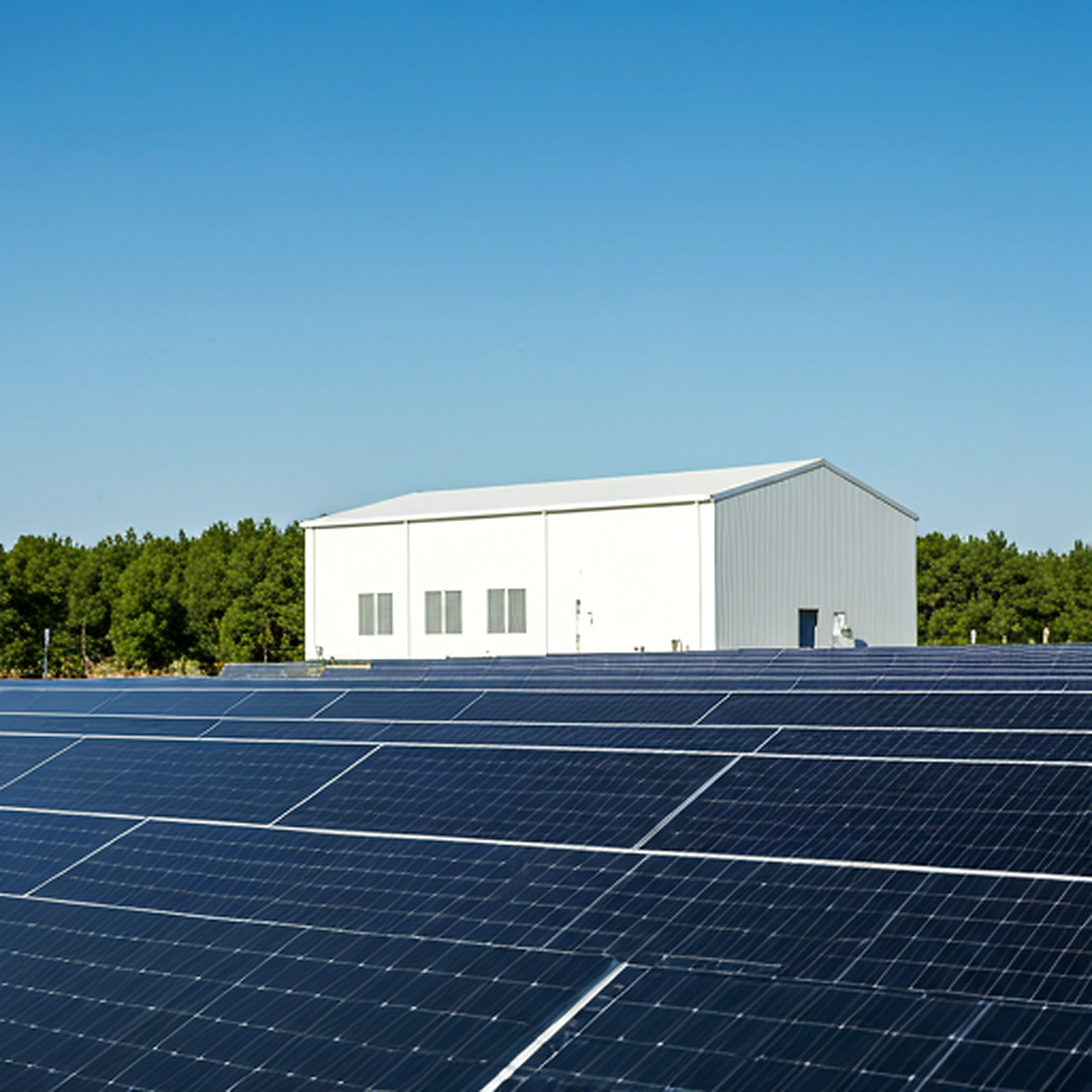 Detailed illustration of industrial solar farm with white building